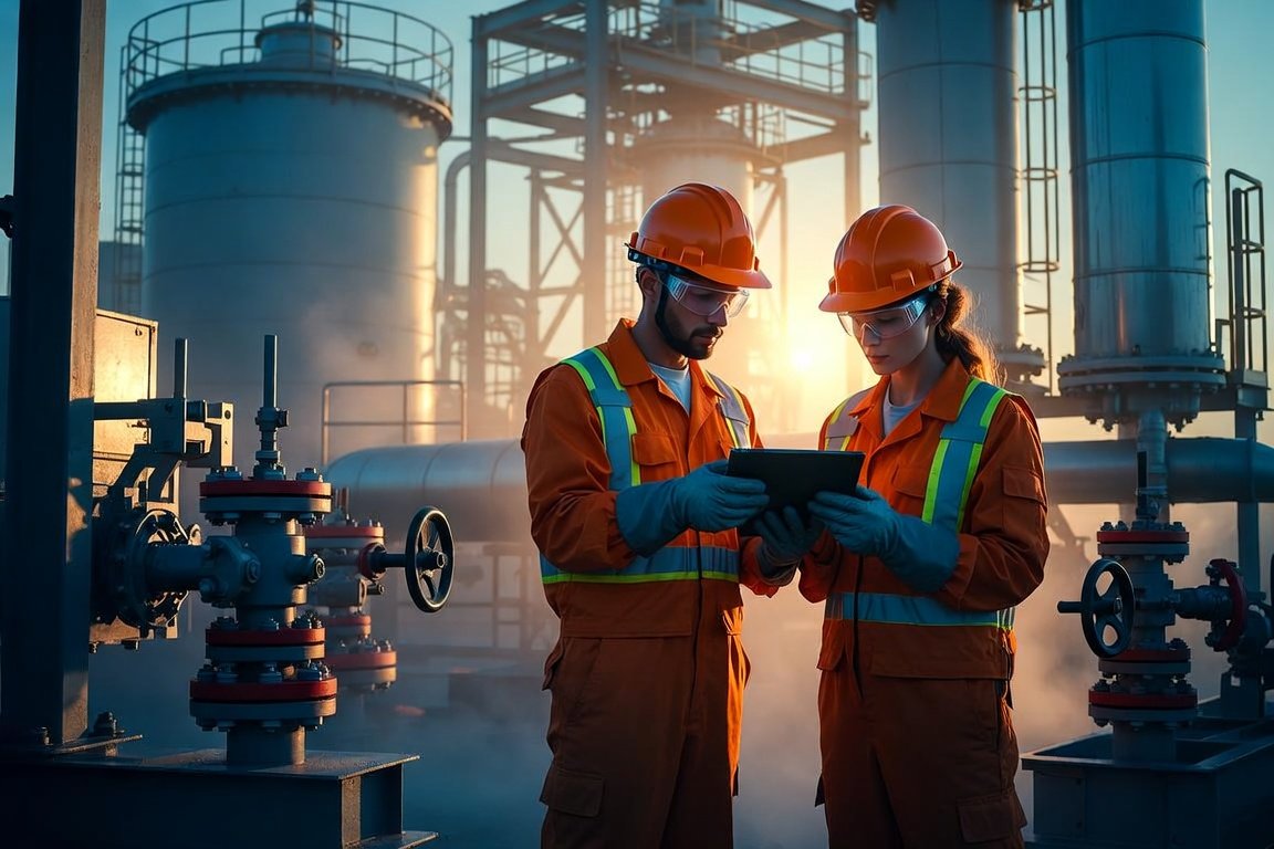 Professional energy sector engineers reviewing plans